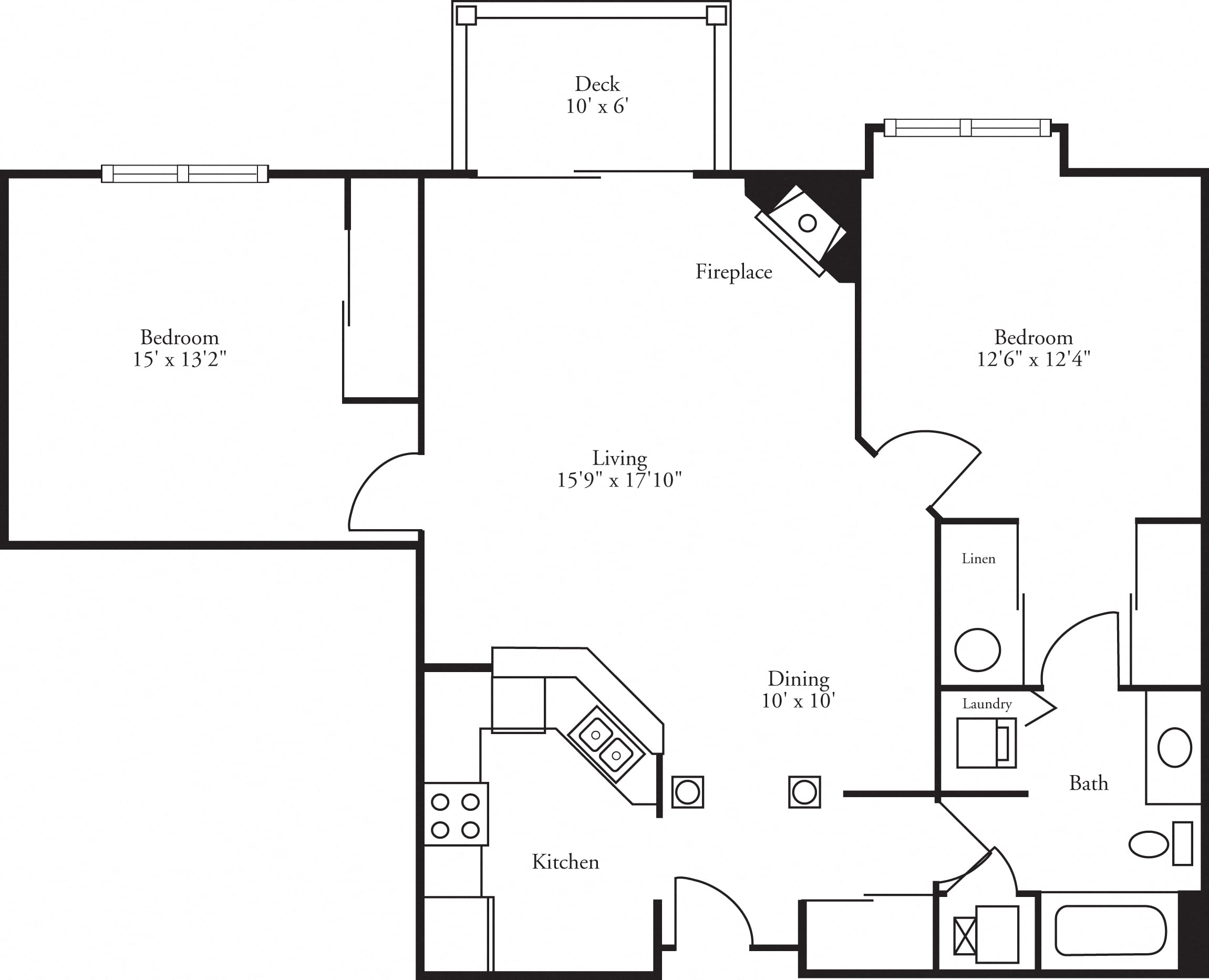 Floor plan for 2 beds, 1 bath, 1102 sqft