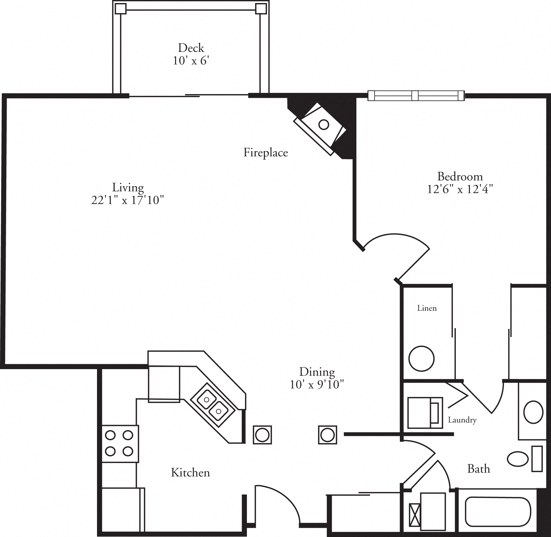 Floor plan for 1 bed, 1 bath, 989 sqft
