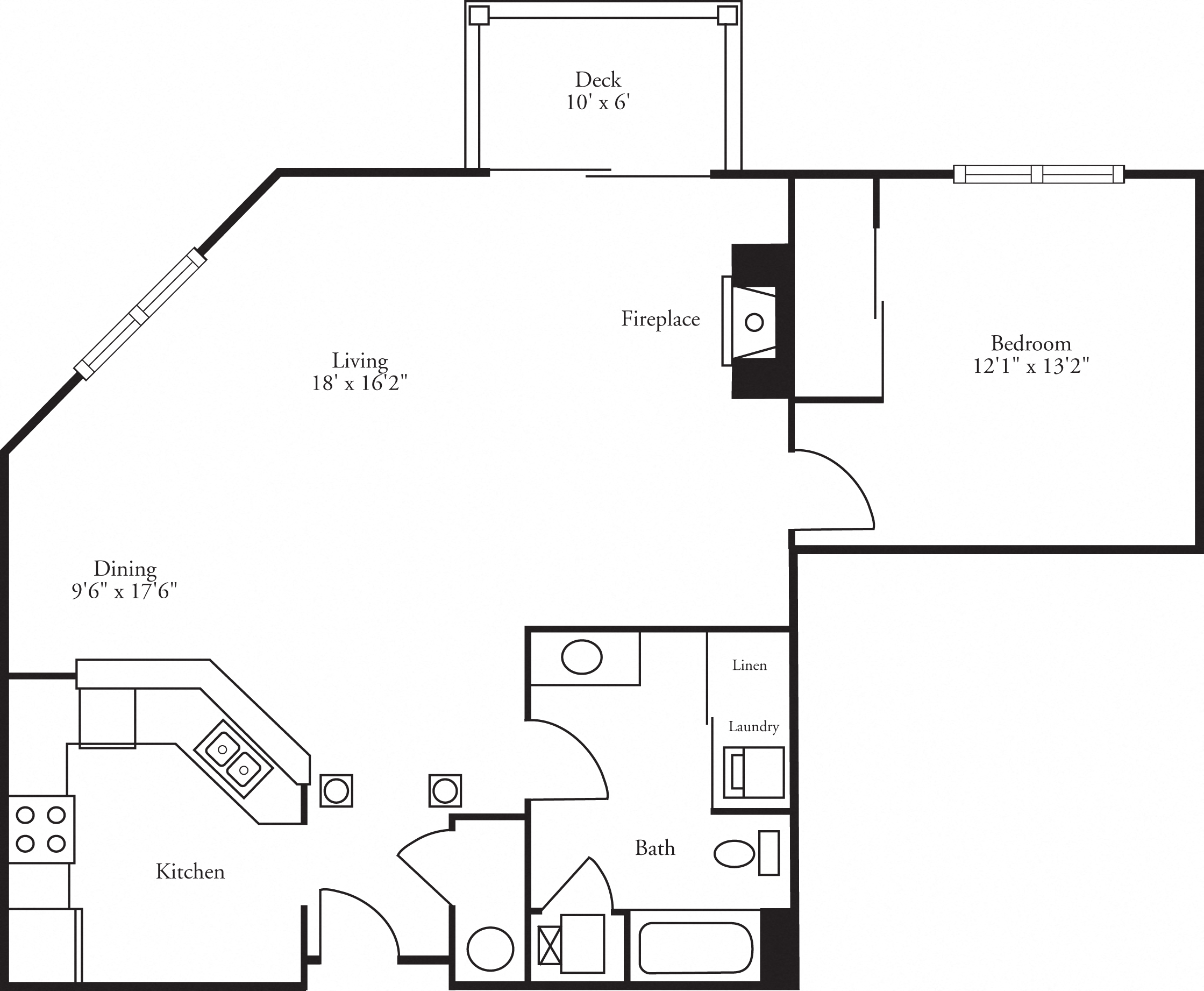 Floor plan for 1 bed, 1 bath, 1004 sqft