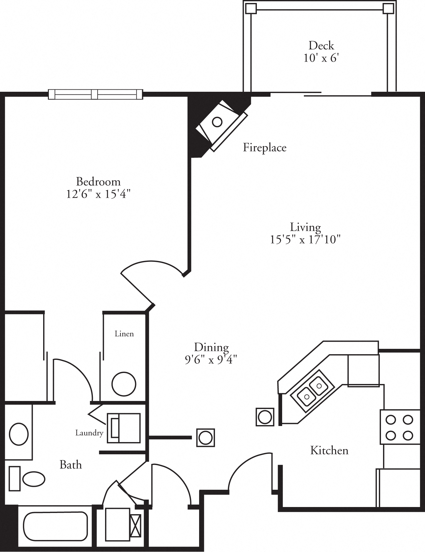 Floor plan for 1 bed, 1 bath, 892 sqft