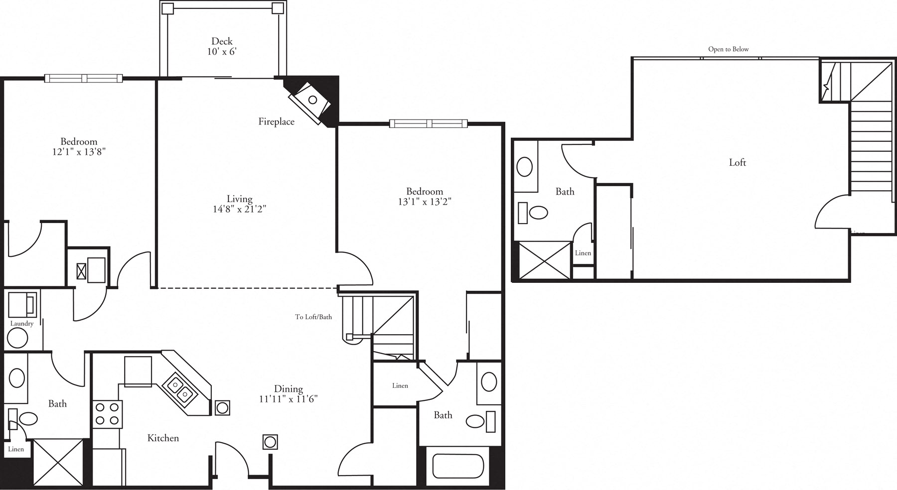 Floor plan for 2 beds, 3 baths, 1845 sqft