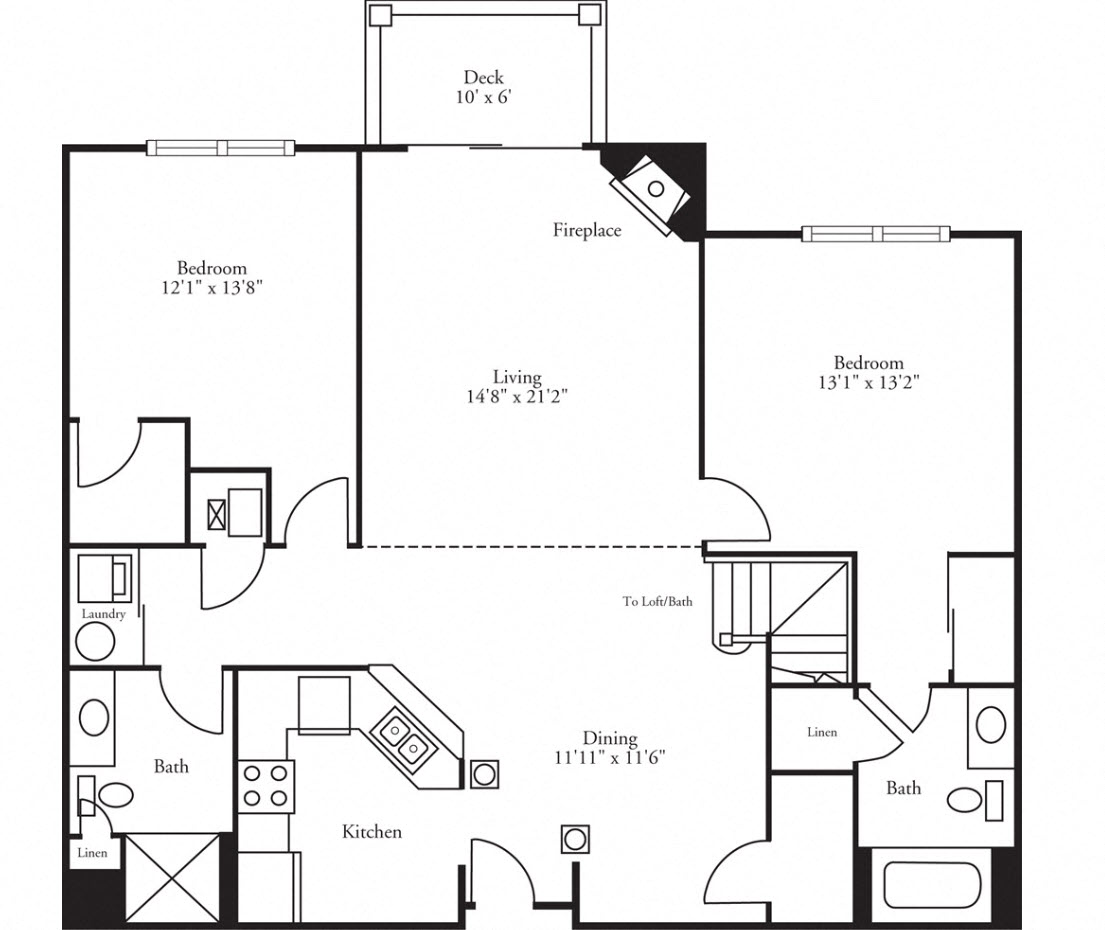 Floor plan for 2 beds, 2 baths, 1336 sqft