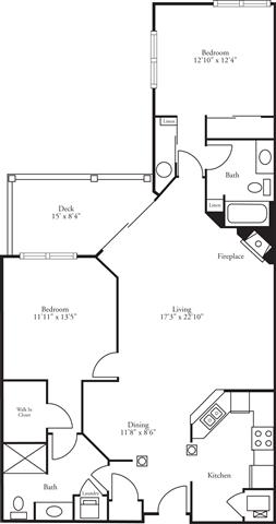 Floor plan for 2 beds, 2 baths, 1272 sqft