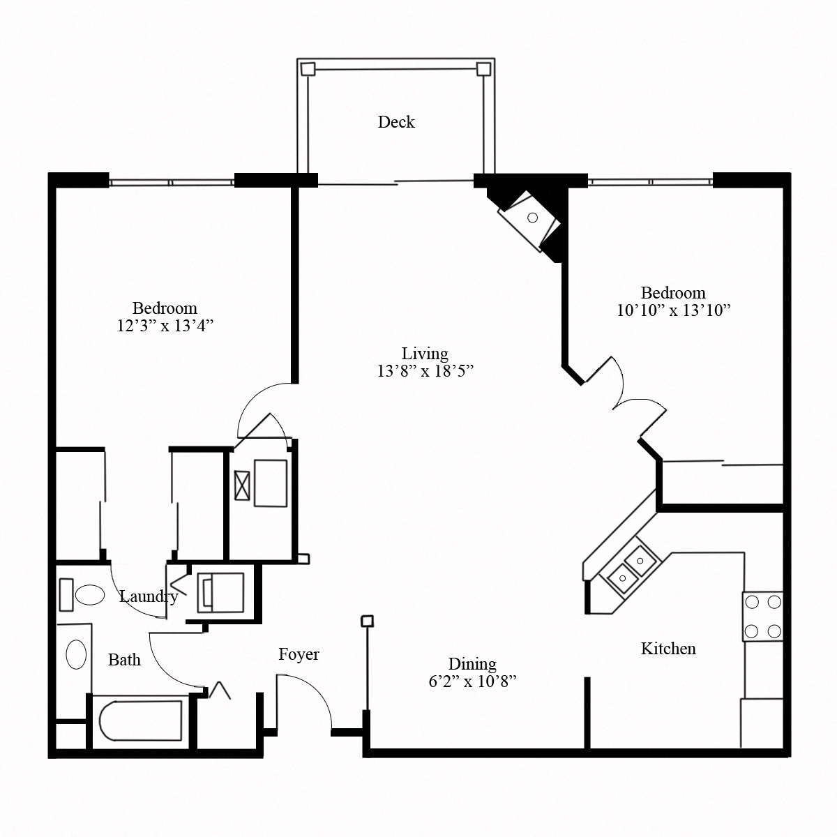Floor plan for 2 beds, 1 bath, 1108 sqft