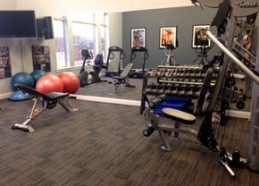 Brookfield apartment for rent - A gym with a variety of equipment including weights and exercise balls.