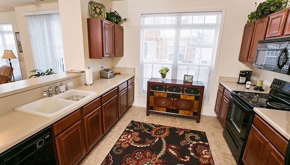 Brookfield apartment for rent - A kitchen with brown cabinets and a black stove top oven.