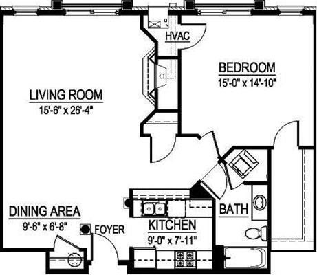 Floor plan for 1 bed, 1 bath, 1063 sqft