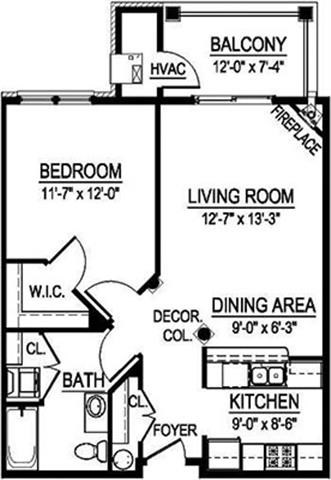 Floor plan for 1 bed, 1 bath, 773 sqft