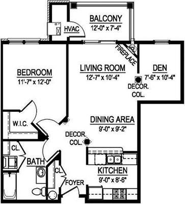 Floor plan for 1 bed, 1 bath, 860 sqft
