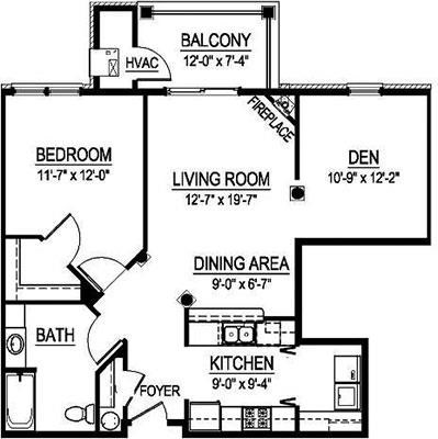 Floor plan for 1 bed, 1 bath, 994 sqft