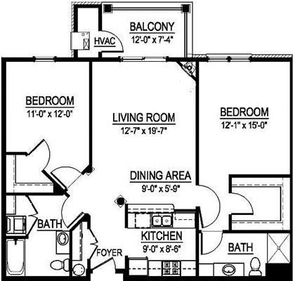Floor plan for 2 beds, 2 baths, 1225 sqft