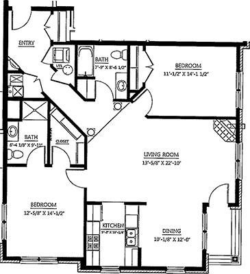 Floor plan for 2 beds, 2 baths, 1288 sqft