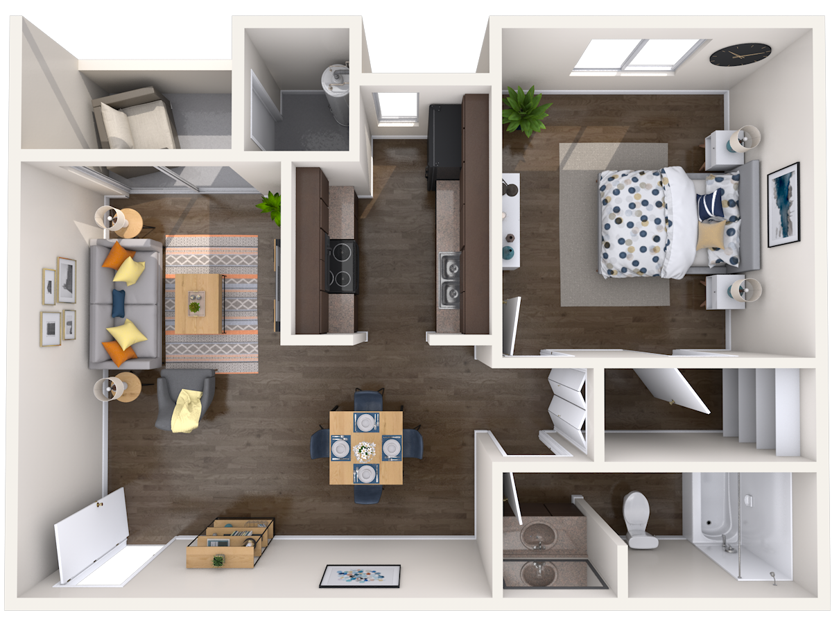 Floor plan for 1 bed, 1 bath, 685 sqft