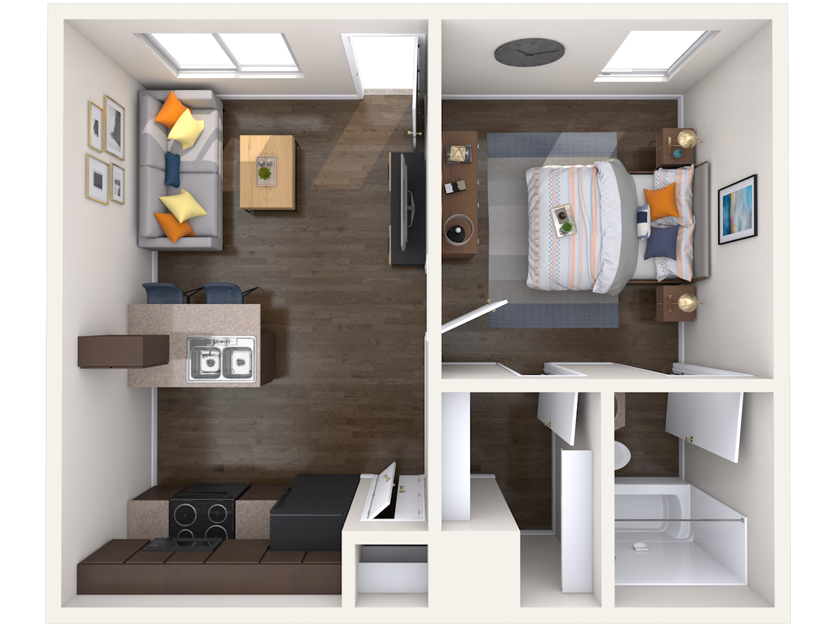 Floor plan for 1 bed, 1 bath, 442 sqft