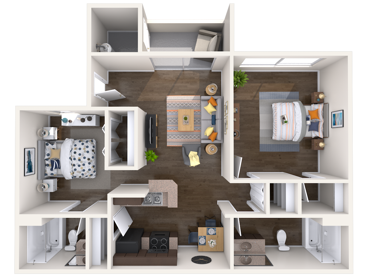Floor plan for 2 beds, 2 baths, 911 sqft
