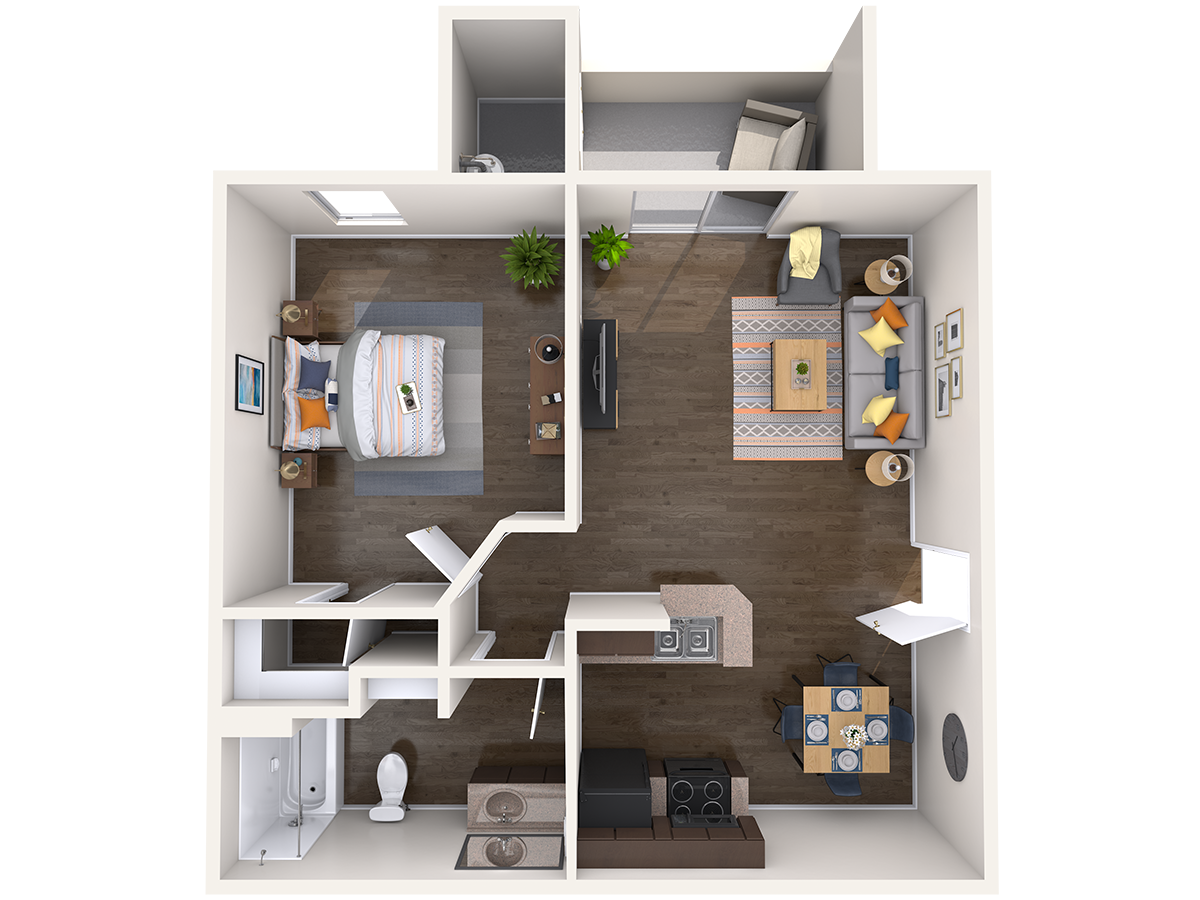 Floor plan for 1 bed, 1 bath, 585 sqft
