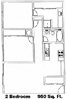 Floor plan for 2 beds, 2 baths, 950 sqft