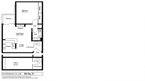 Floor plan for 1 bed, 1 bath, 800 sqft