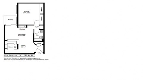 Floor plan for 1 bed, 1 bath, 775 sqft