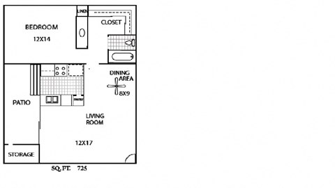 Floor plan for 1 bed, 1 bath, 725 sqft