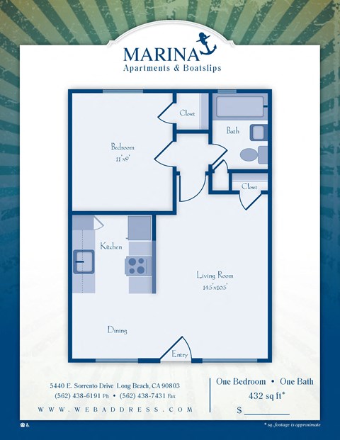 Floor plan for 1 bed, 1 bath, 675 sqft