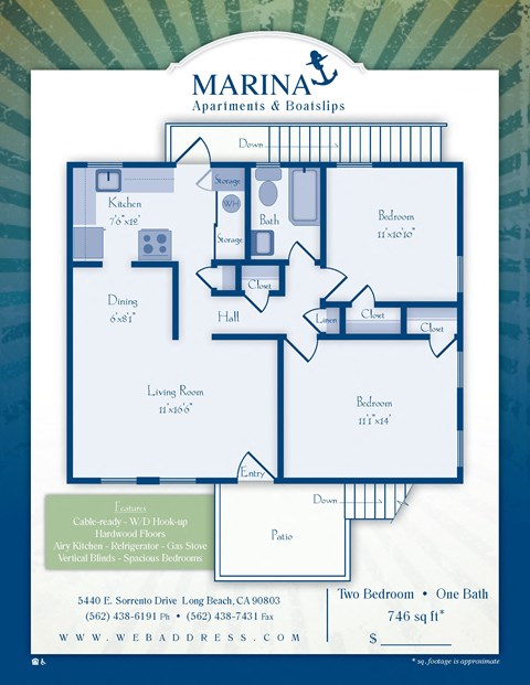 Floor plan for 2 beds, 1 bath, 800 sqft