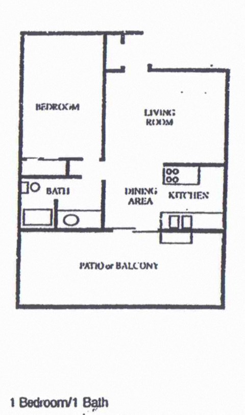 Floor plan for 1 bed, 1 bath, 730 sqft