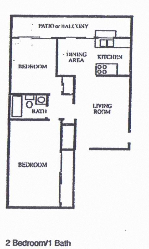 Floor plan for 2 beds, 1 bath, 840 sqft