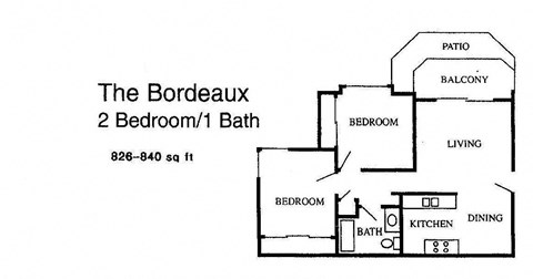 Floor plan for 2 beds, 1 bath, 850 sqft