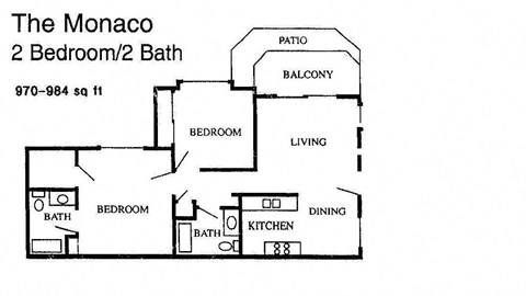 Floor plan for 2 beds, 2 baths, 1000 sqft