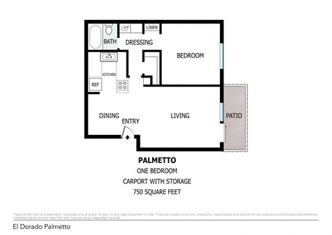 Floor plan for 1 bed, 1 bath, 750 sqft