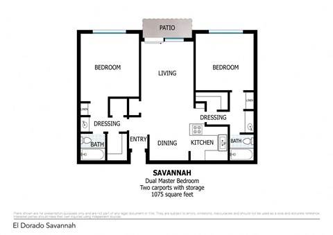 Floor plan for 2 beds, 2 baths, 1075 sqft
