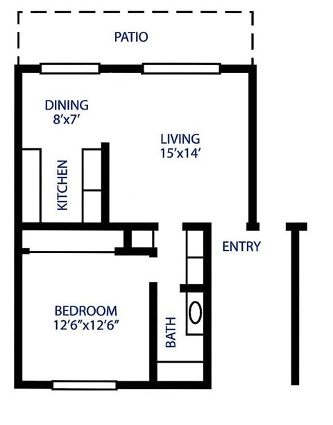 Floor plan for 1 bed, 1 bath, 736 sqft