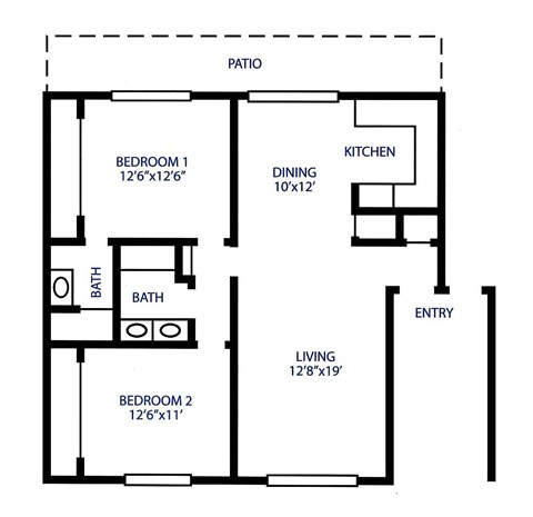 Floor plan for 2 beds, 2 baths, 1056 sqft