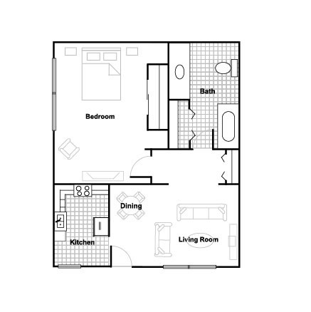 Floor plan for 1 bed, 1 bath, 735 sqft