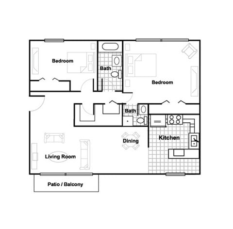 Floor plan for 2 beds, 2 baths, 1050 sqft