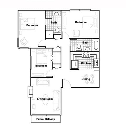 Floor plan for 3 beds, 2 baths, 1350 sqft