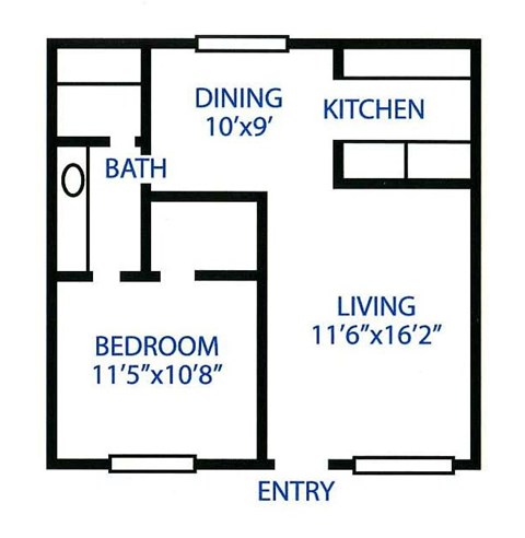 Floor plan for 1 bed, 1 bath, 600 sqft