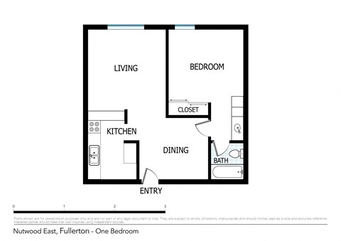 Floor plan for 1 bed, 1 bath, 600 sqft