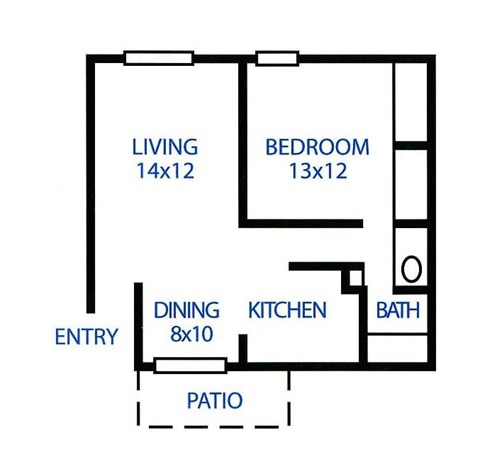 Floor plan for 1 bed, 1 bath, 725 sqft