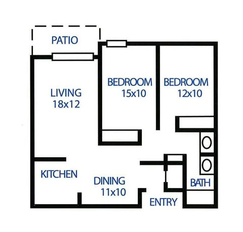 Floor plan for 2 beds, 1 bath, 966 sqft