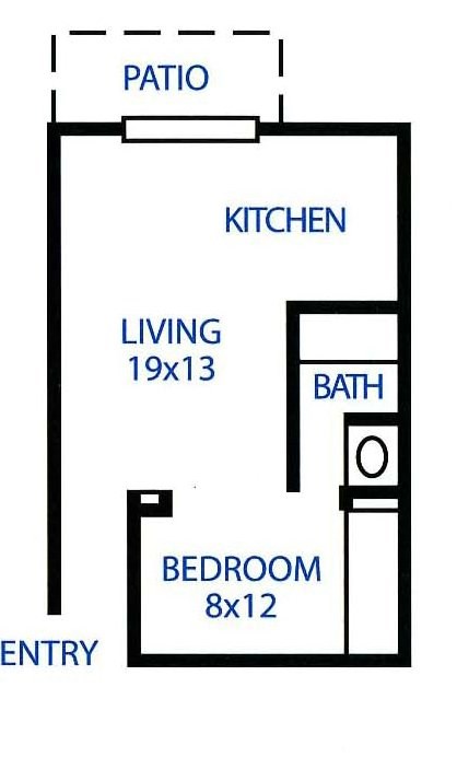 Floor plan for studio, 1 bath, 543 sqft