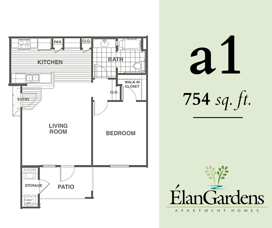 Floor plan for 1 bed, 1 bath, 754 sqft