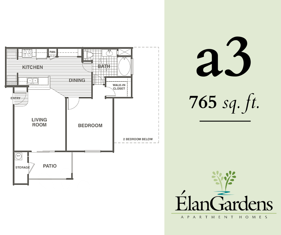 Floor plan for 1 bed, 1 bath, 765 sqft