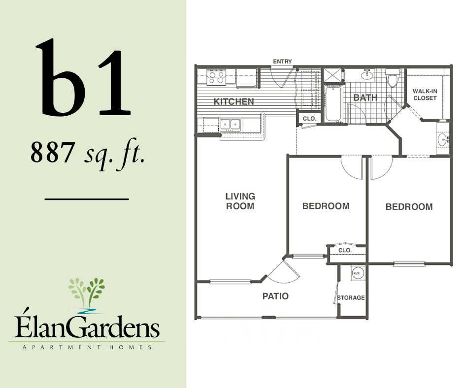 Floor plan for 2 beds, 1 bath, 887 sqft
