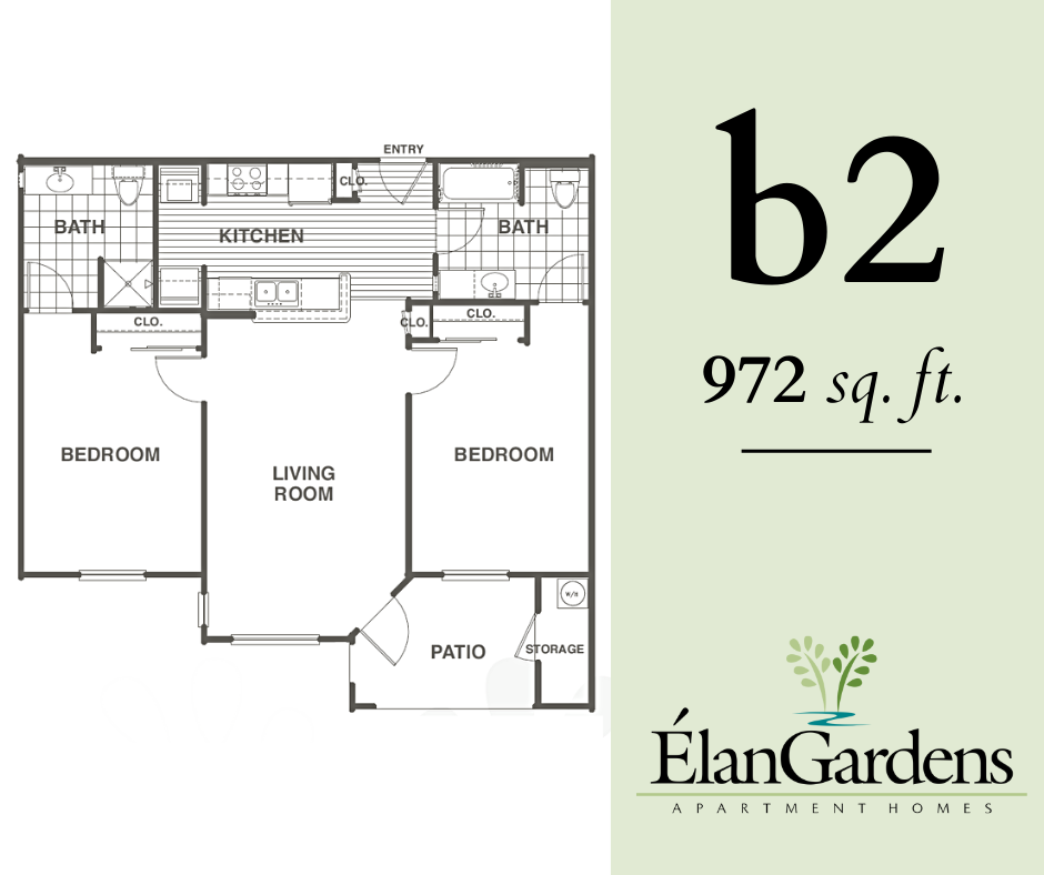 Floor plan for 2 beds, 2 baths, 972 sqft
