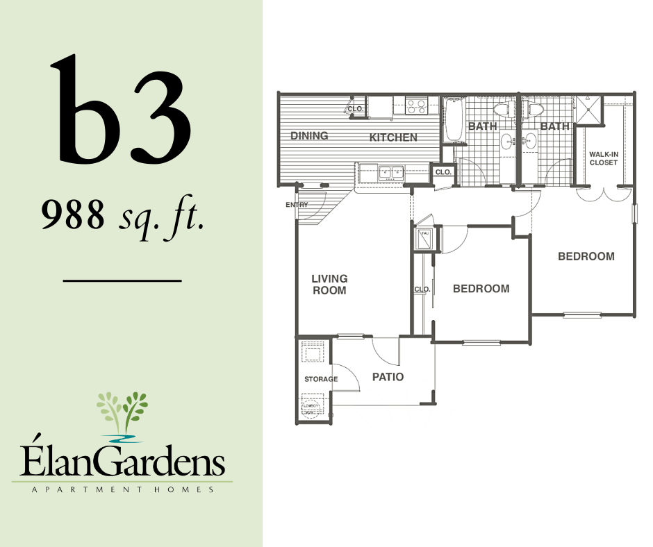 Floor plan for 2 beds, 2 baths, 988 sqft