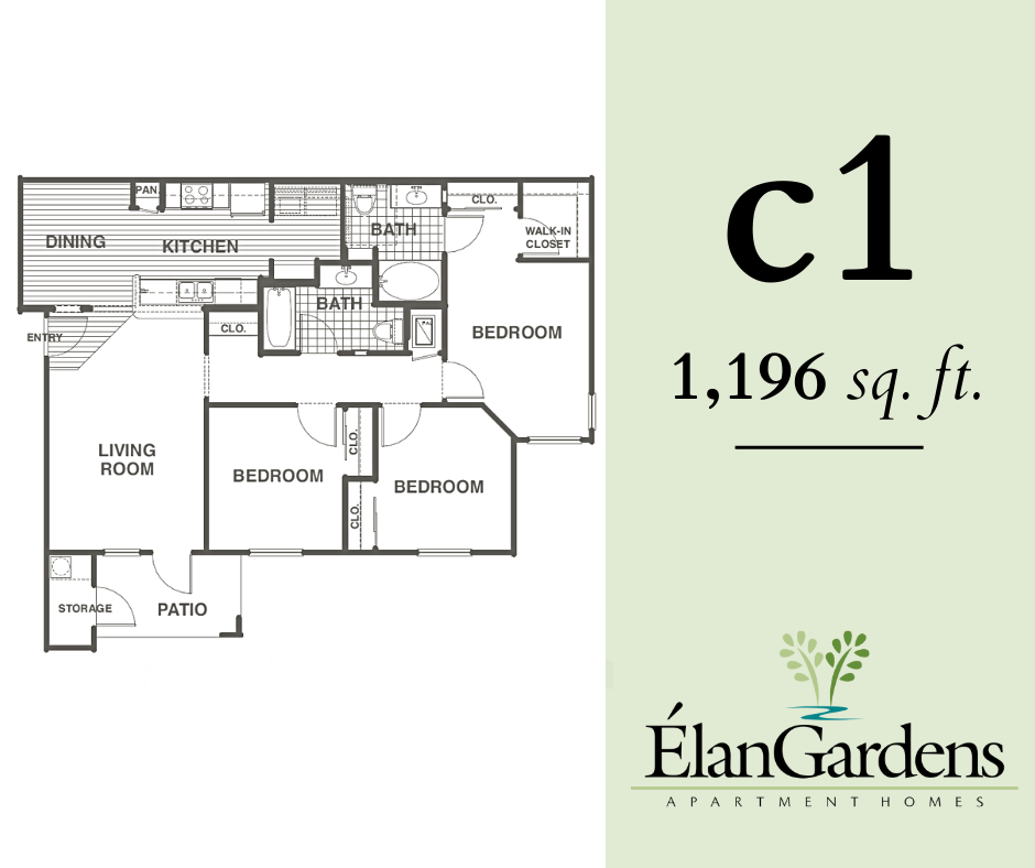 Floor plan for 3 beds, 2 baths, 1192 sqft