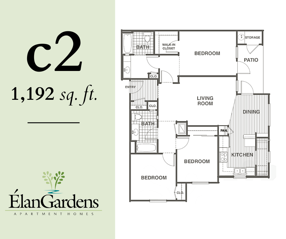 Floor plan for 3 beds, 2 baths, 1196 sqft