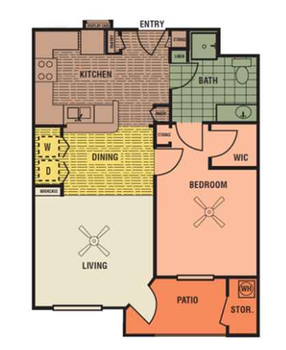 Floor plan for 1 bed, 1 bath, 726 sqft